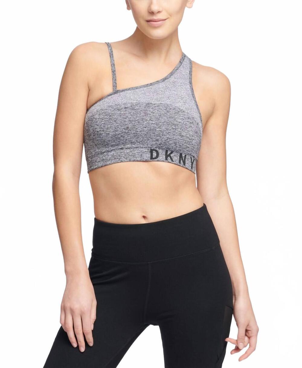 NEW DKNY asymmetrical strappy back low impact sports bra in heather gray